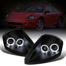 Ronnin - Fits 2000-2005 Mitsubishi Eclipse Upgraded LED Dual Halo Rims Running Lights Projector Headlights Assembly Pair | Black Smoke