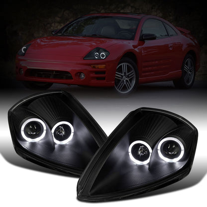 Ronnin - Fits 2000-2005 Mitsubishi Eclipse Upgraded LED Dual Halo Rims Running Lights Projector Headlights Assembly Pair | Black Smoke