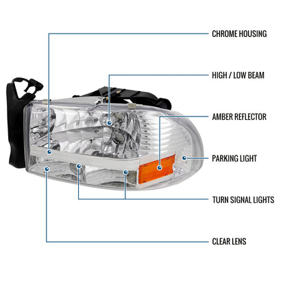 Ronnin - Fits 1997-2004 Dodge Dakota 1998-2003 Durango Replacement Headlights Assembly Pair | Chrome