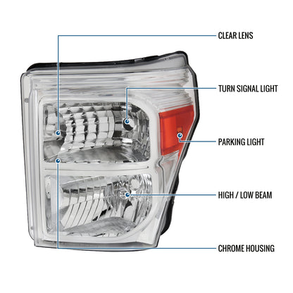 Ronnin - Fits 2011-2016 Ford F250 F350 F450 F550 Super Duty Factory Replacement Headlights Assembly Pair | Chrome