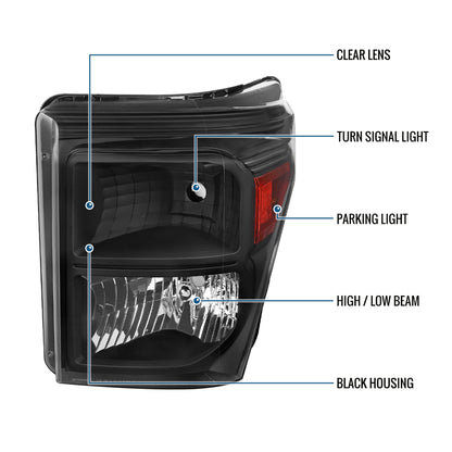 Ronnin - Fits 2011-2016 Ford F250 F350 F450 F550 Super Duty Factory Replacement Headlights Assembly Pair | Black