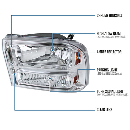 Ronnin - Fits 1999-2004 Ford F250 F350 F450 F550 Super Duty 2000-2004 US Excursion All-in-One Factory Replacement Headlights Assembly Pair | Chrome