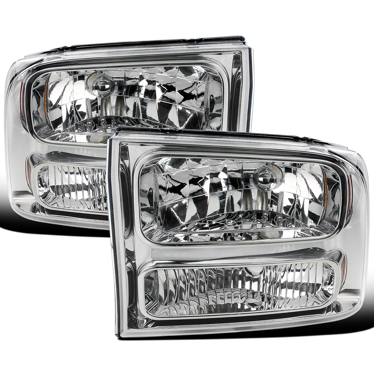 Ronnin - Fits 1999-2004 Ford F250 F350 F450 F550 Super Duty 2000-2004 US Excursion All-in-One Factory Replacement Headlights Assembly Pair | Chrome