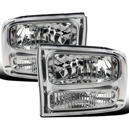 Ronnin - Fits 1999-2004 Ford F250 F350 F450 F550 Super Duty 2000-2004 US Excursion All-in-One Factory Replacement Headlights Assembly Pair | Chrome