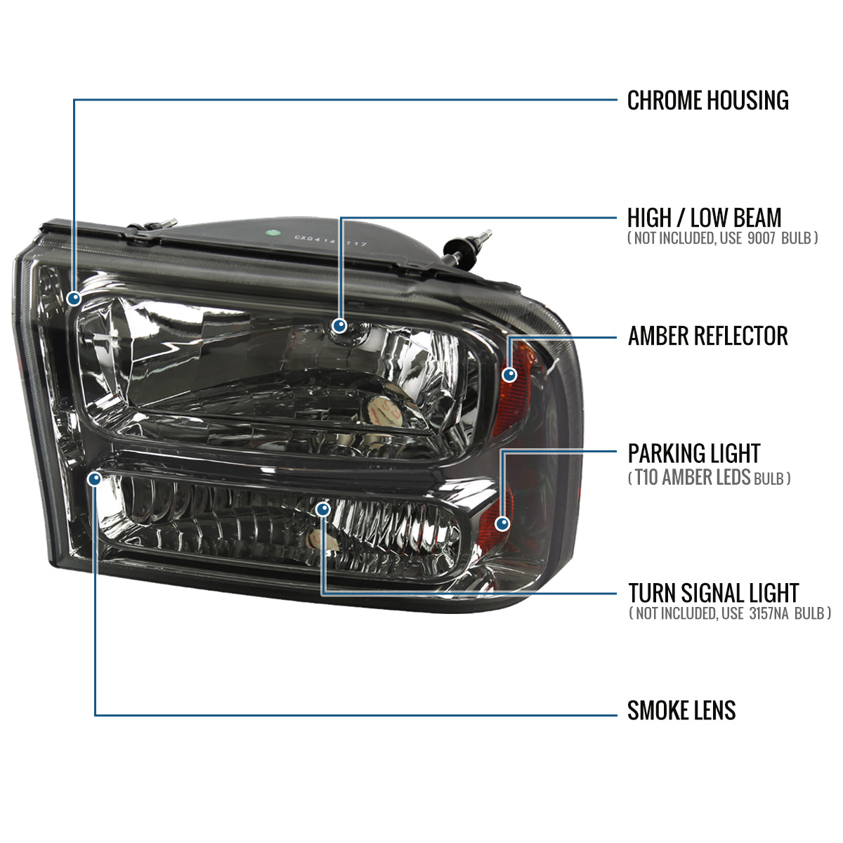 Ronnin - Fits 1999-2004 Ford F250 F350 F450 F550 Super Duty 2000-2004 US Excursion All-in-One Factory Replacement Headlights Assembly Pair | Smoke