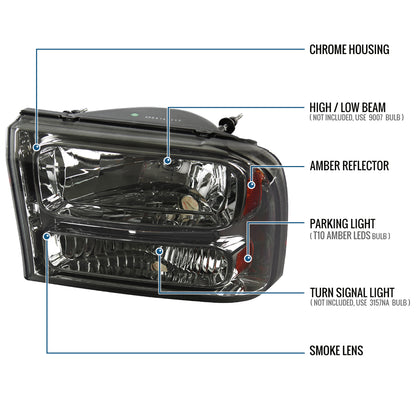 Ronnin - Fits 1999-2004 Ford F250 F350 F450 F550 Super Duty 2000-2004 US Excursion All-in-One Factory Replacement Headlights Assembly Pair | Smoke