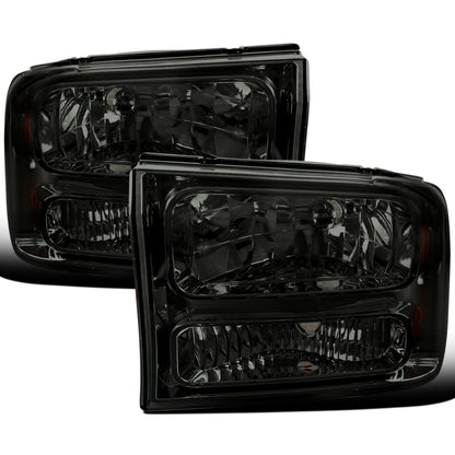 Ronnin - Fits 1999-2004 Ford F250 F350 F450 F550 Super Duty 2000-2004 US Excursion All-in-One Factory Replacement Headlights Assembly Pair | Smoke