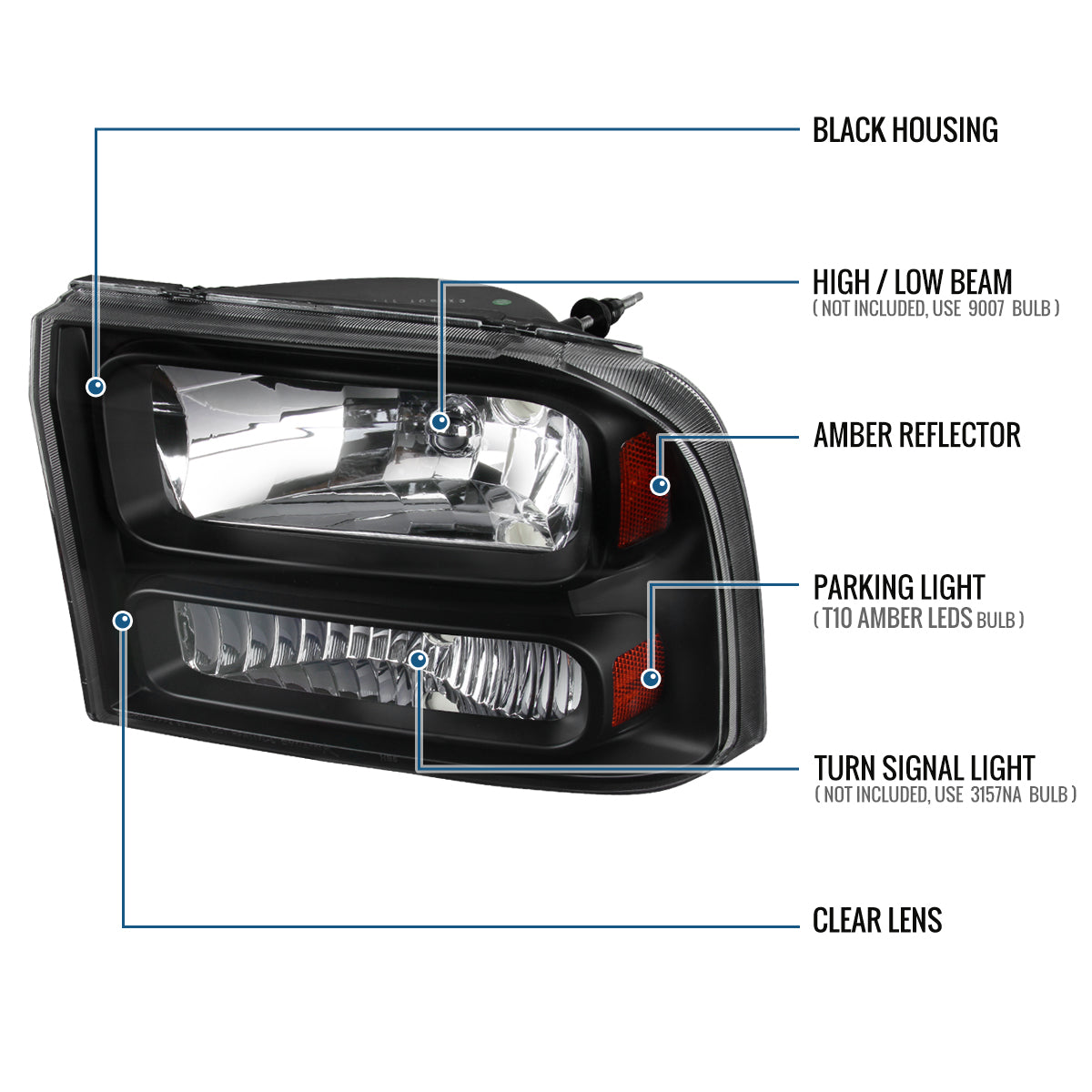Ronnin - Fits 1999-2004 Ford F250 F350 F450 F550 Super Duty 2000-2004 US Excursion All-in-One Factory Replacement Headlights Assembly Pair | Black
