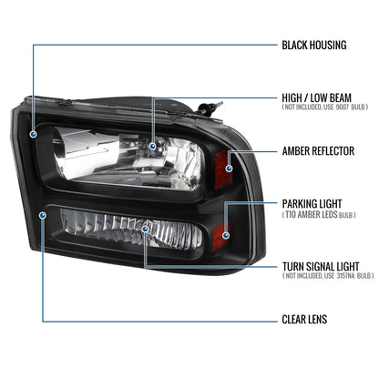 Ronnin - Fits 1999-2004 Ford F250 F350 F450 F550 Super Duty 2000-2004 US Excursion All-in-One Factory Replacement Headlights Assembly Pair | Black