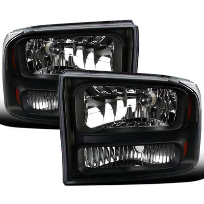 Ronnin - Fits 1999-2004 Ford F250 F350 F450 F550 Super Duty 2000-2004 US Excursion All-in-One Factory Replacement Headlights Assembly Pair | Black