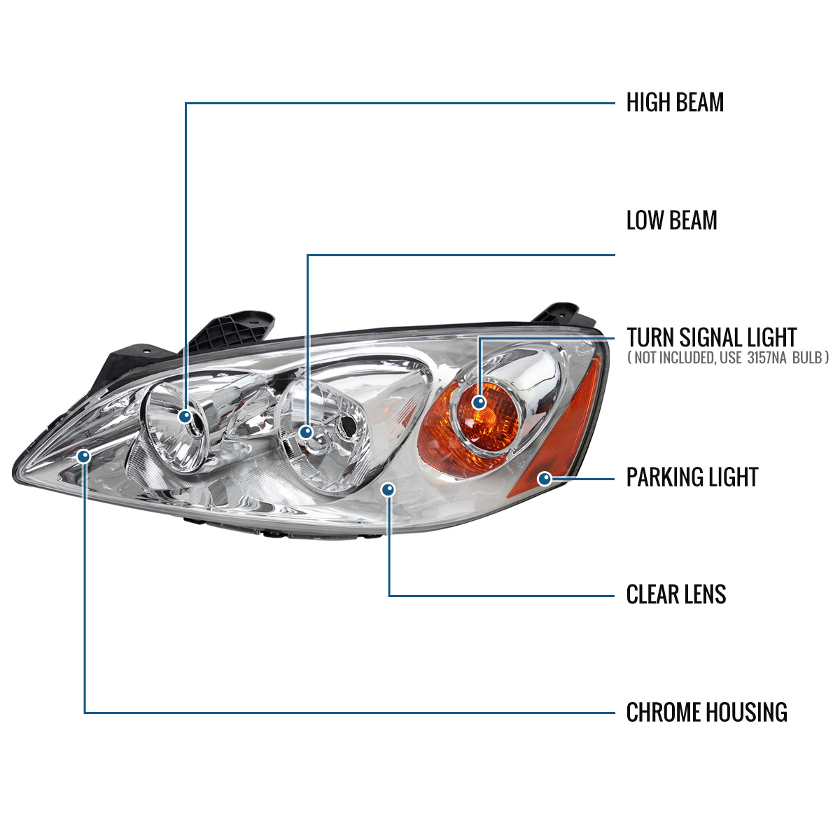 Ronnin - Fits 2005-2010 Pontiac G6 Factory Replacement Headlights Assembly Pair | Chrome