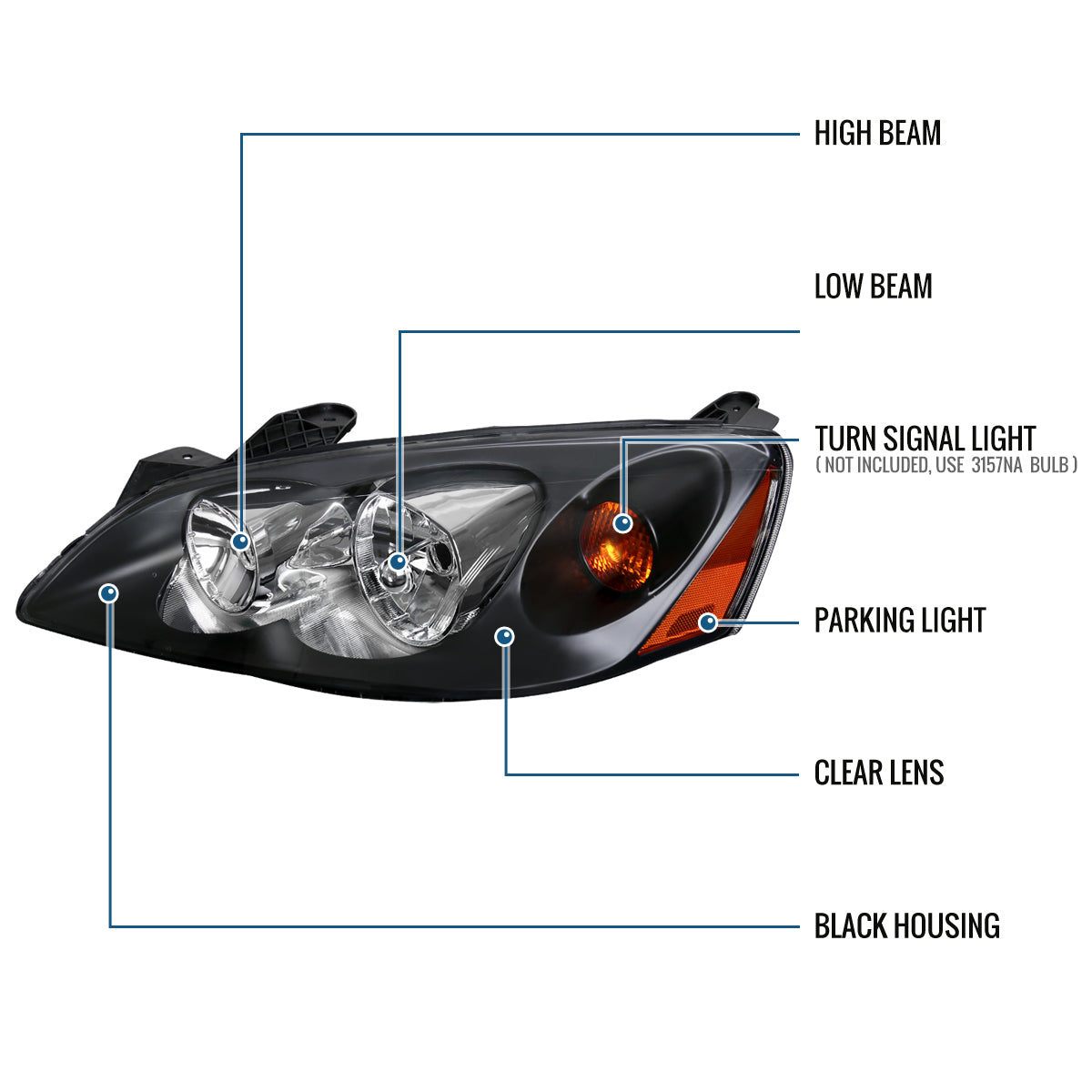 Ronnin - Fits 2005-2010 Pontiac G6 Factory Replacement Headlights Assembly Pair | Black