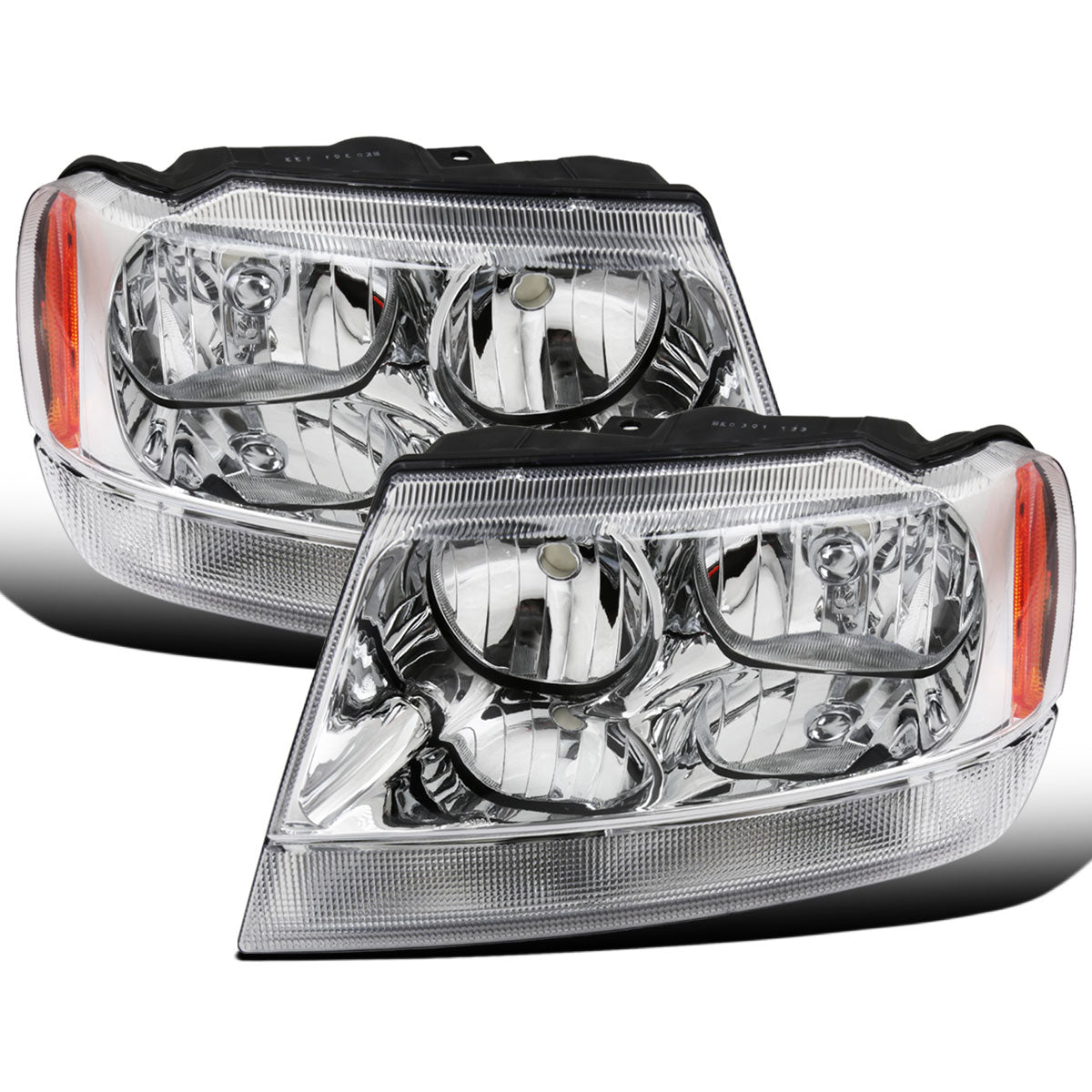 Ronnin - Fits 1999-2004 Jeep Grand Cherokee Factory Replacement Headlights Clear Turn Signal Lens Assembly Pair | Chrome
