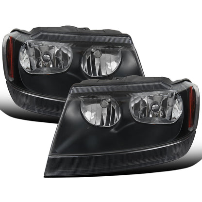 Ronnin - Fits 1999-2004 Jeep Grand Cherokee Factory Replacement Headlights Clear Turn Signal Lens Assembly Pair | Black