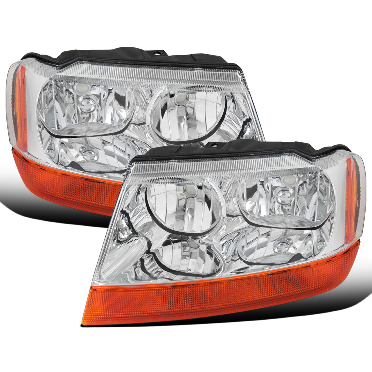 Ronnin - Fits 1999-2004 Jeep Grand Cherokee Factory Replacement Headlights Amber Turn Signals Lens Assembly Pair | Chrome