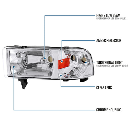Ronnin - Fits 1994-2002 Dodge Ram 1500 2500 3500 All-in One Factory Replacement Headlights + Corner Signal Lamps Assembly Pair | Chrome