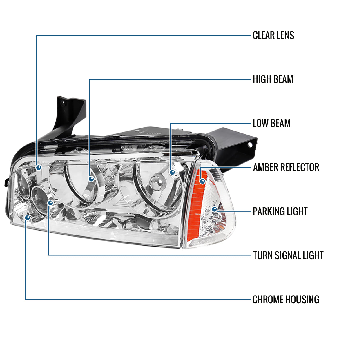 Ronnin - Fits 2006-2010 Dodge Charger Factory Replacement Halogen Headlights Assembly Pair | Chrome