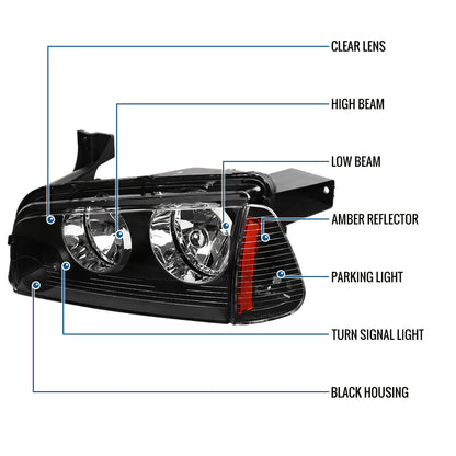 Ronnin - Fits 2006-2010 Dodge Charger Factory Replacement Halogen Headlights Assembly Pair | Black