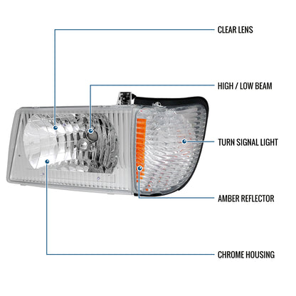 Ronnin - Fits 1992-2006 Ford Econoline E-Series Cargo Van Factory Headlights + Corner Parking Signal Lamps Replacement Assembly Pair | Chrome