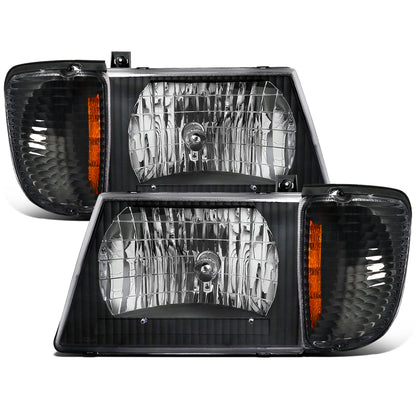 Ronnin - Fits 1992-2006 Ford Econoline E-Series Cargo Van Factory Headlights + Corner Parking Signal Lamps Replacement Assembly Pair | Black