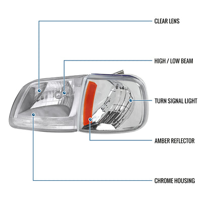 Ronnin - Fits 1997-2004 Ford F150 Expedition Headlights + Corner Parking Signal Lamps Replacement Assembly Pair | Chrome