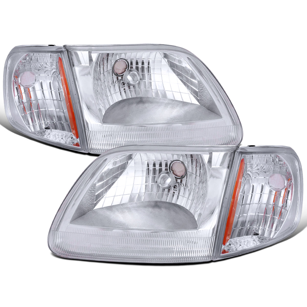 Ronnin - Fits 1997-2004 Ford F150 Expedition Headlights + Corner Parking Signal Lamps Replacement Assembly Pair | Chrome