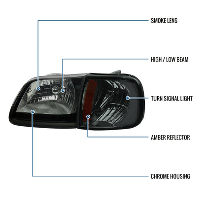 Ronnin - Fits 1997-2004 Ford F150 Expedition Headlights + Corner Parking Signal Lamps Replacement Assembly Pair | Smoke