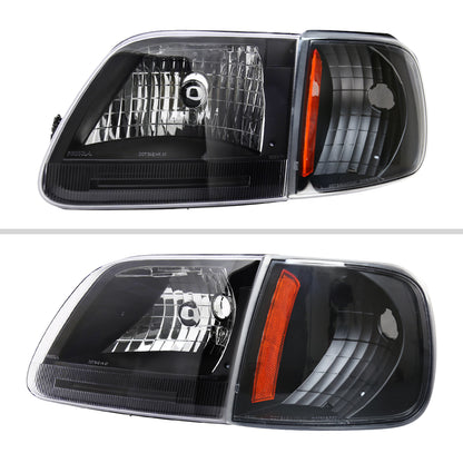 Ronnin - Fits 1997-2004 Ford F150 Expedition Headlights + Corner Parking Signal Lamps Replacement Assembly Pair | Black