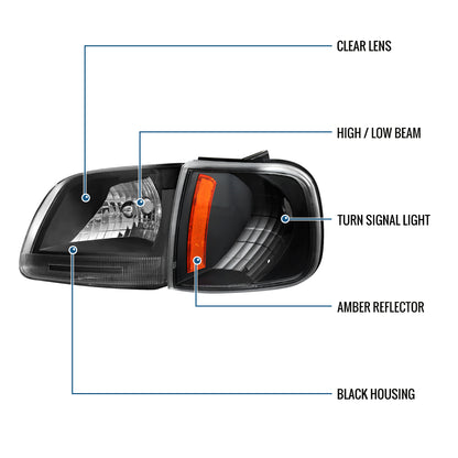 Ronnin - Fits 1997-2004 Ford F150 Expedition Headlights + Corner Parking Signal Lamps Replacement Assembly Pair | Black