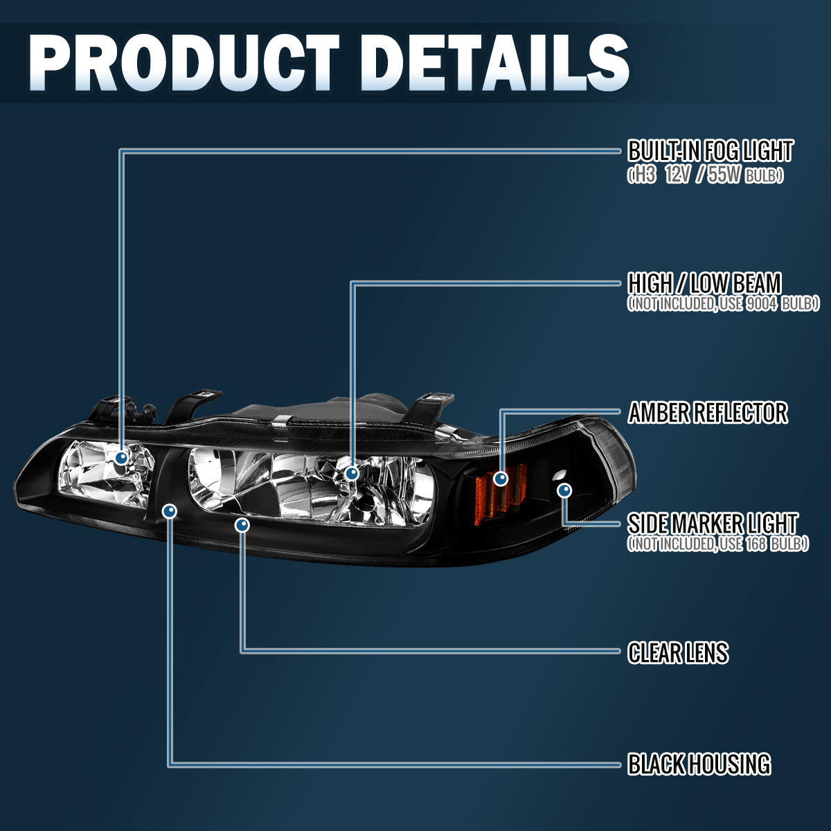 Ronnin - Conjunto de repuesto de faros delanteros + luces de estacionamiento de esquina para Acura Integra Sedán Coupé 1990-1993, par | JDM Negro