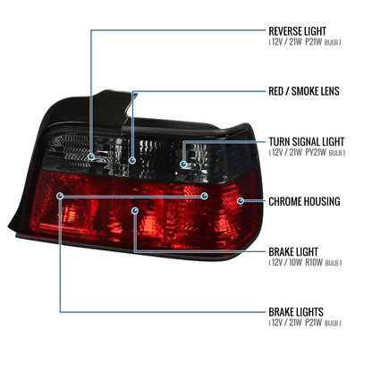 Ronnin - Fits 1992-1998 BMW 325i 328i Sedan Tail Lights Assembly Pair | Smoke Red