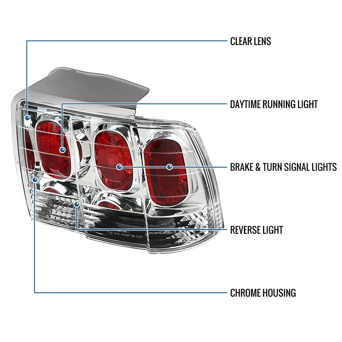Ronnin - Fits 1999-2004 Ford Mustang Tail Lights Assembly Replacement Pair | Chrome