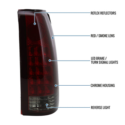 1988-2000 Chevy GMC C/K C10 Silverado Blazer Tahoe Cadillac Escalade LED Integrated Brake and Turn Signals Tail Lights Assembly Pair | Smoky Red