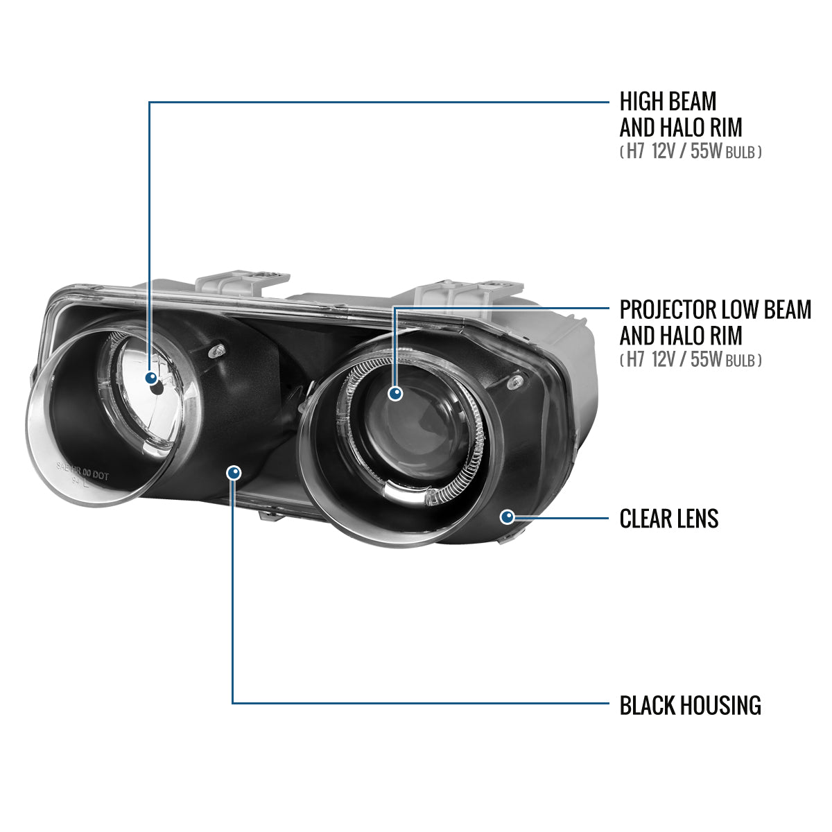 1994-1997 Acura Integra 3Dr/4Dr Projector Headlights LED Dual Halo Rims Assembly Pair | Black