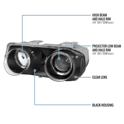 1994-1997 Acura Integra 3Dr/4Dr Projector Headlights LED Dual Halo Rims Assembly Pair | Black