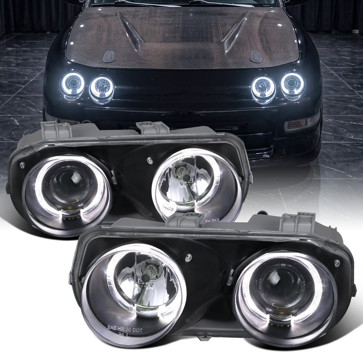 1994-1997 Acura Integra 3Dr/4Dr Projector Headlights LED Dual Halo Rims Assembly Pair | Black