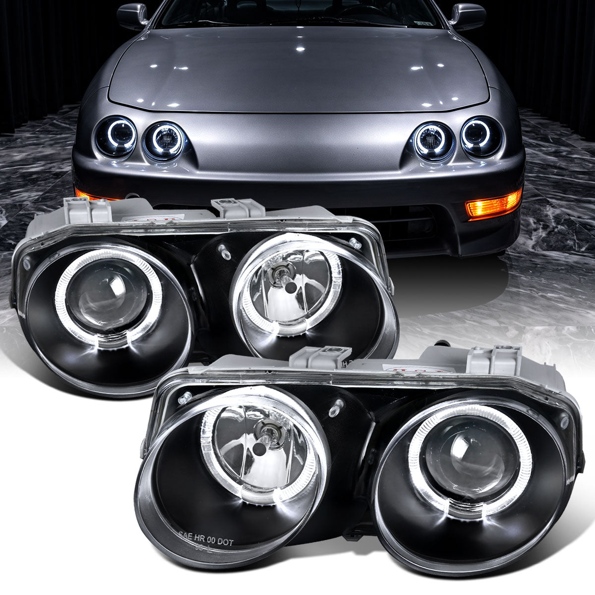 Ronnin - Fits 1998-2001 Acura Integra 3Dr/4Dr Projector Headlights LED Dual Halo Rims Assembly Pair | Black