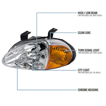 1993-1997 Honda Del Sol Replacement Halogen Headlights Assembly Pair | Chrome
