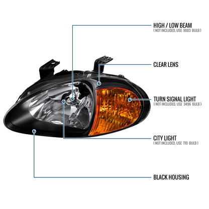 Ronnin - Se adapta a Honda Del Sol 1993-1997 Par de ensamblaje de faros delanteros halógenos de repuesto | Negro