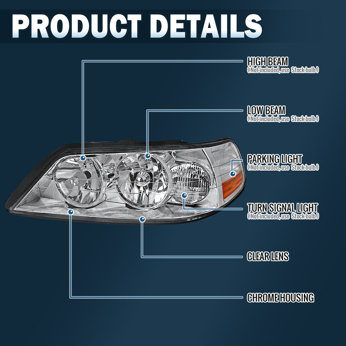 2005-2011 Lincoln Town Car  Replacement Halogen Headlights Assembly Pair | Chrome