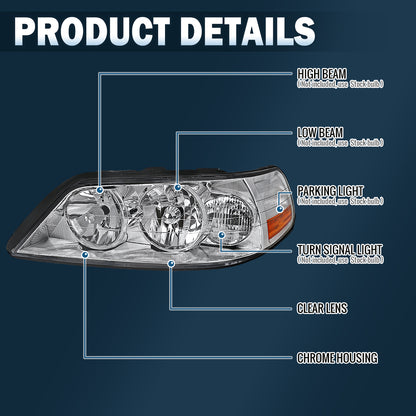 2005-2011 Lincoln Town Car  Replacement Halogen Headlights Assembly Pair | Chrome
