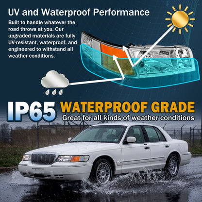 1998-2002 Mercury Grand Marquis Replacement Halogen Headlights + Corner Lights Assembly Pair | Chrome
