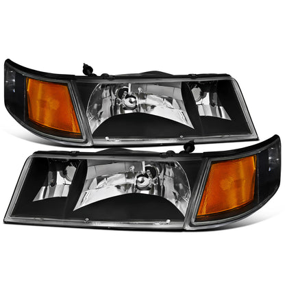 1998-2002 Mercury Grand Marquis Replacement Halogen Headlights + Corner Lights Assembly Pair | Black