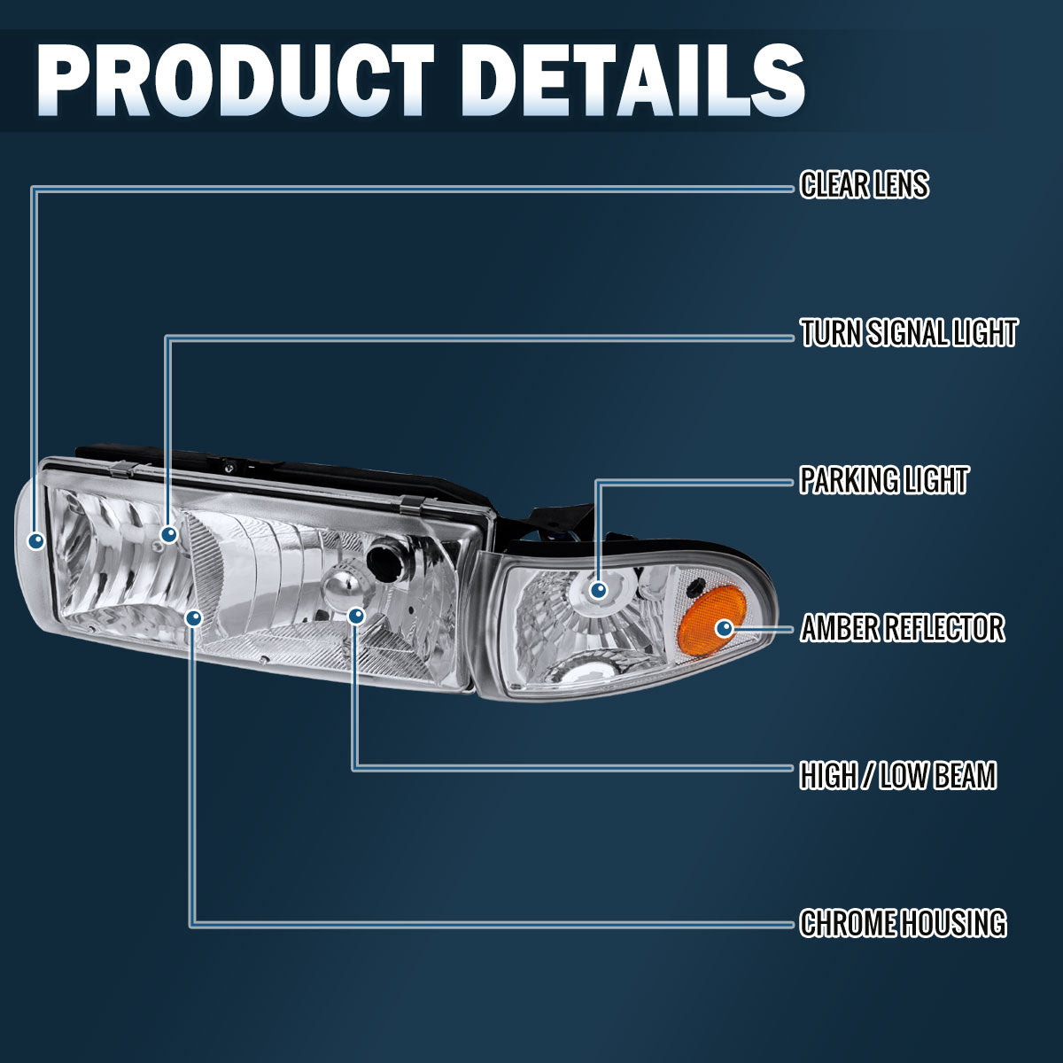 1991-1996 Chevy Caprice 1994-1996 Chevy Impala Replacement Halogen Headlights + Corner Lights Assembly Pair | Chrome