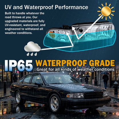 1991-1996 Chevy Caprice 1994-1996 Chevy Impala Replacement Halogen Headlights + Corner Lights Assembly Pair | Chrome