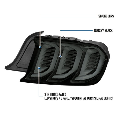 Ronnin - Fits 2015-2023 Ford Mustang Coupe Convertible Full LED Tail Lights Integrated Sequential Signal and Brake Lamps Upgraded Replacement Pair | Black Smoke
