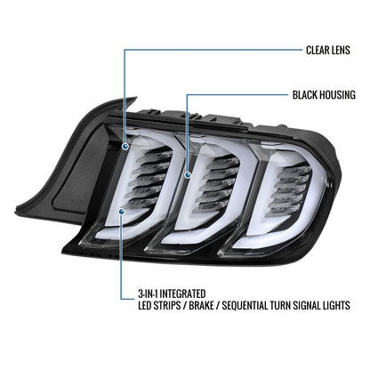 Ronnin - Fits 2015-2023 Ford Mustang Coupe Convertible Full LED Tail Lights Integrated Sequential Signal and Brake Lamps Upgraded Replacement Pair | Glossy Black