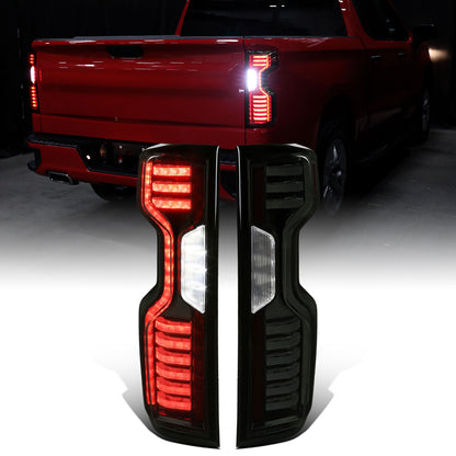 2019-2026 Chevy Silverado 1500 2500HD 3500HD Tail Lights Full LED Integrated Brake and Turn Signals Pair | Black Smoke