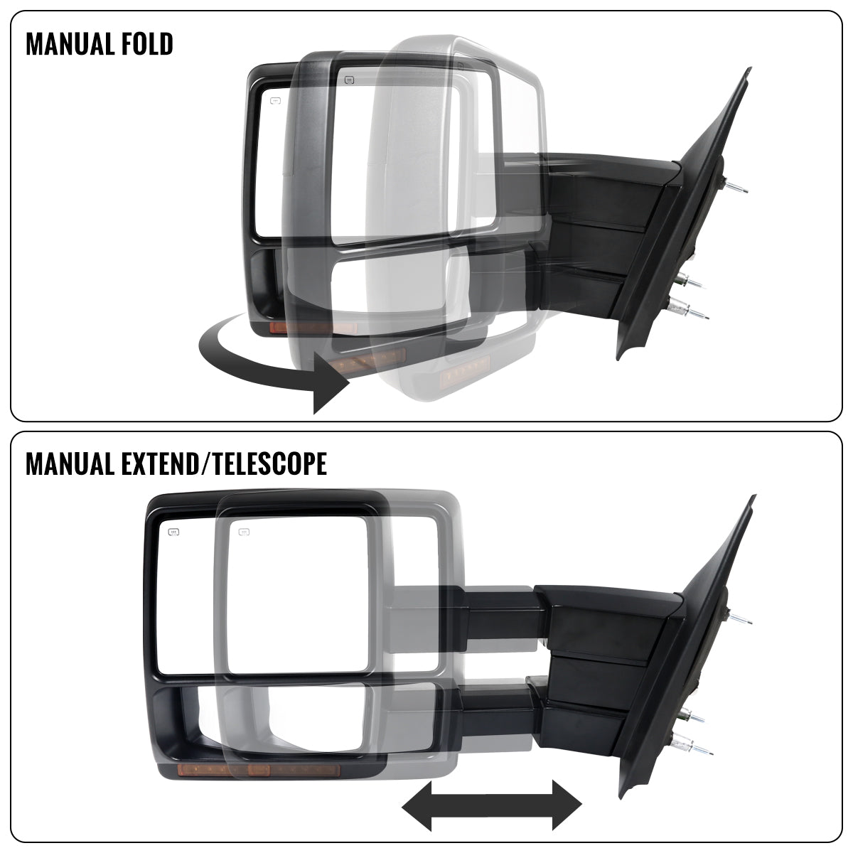 2004-2006 Ford F-150 Pickup Truck Power Adjustable Power Heated Manual Fold And Telescoping Amber Lens LED Turn Signals And Puddle Lights Tow Mirrors Pair