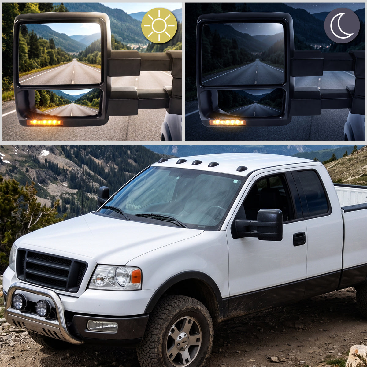2004-2006 Ford F-150 Pickup Truck Power Adjustable Power Heated Manual Fold And Telescoping Amber Lens LED Turn Signals And Puddle Lights Tow Mirrors Pair